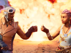 Dwie postacie z Fortnite przybijające żółwika przed wybuchem, który dzieje się w tle