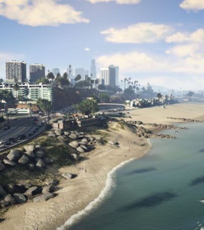 Krajobraz nadmorski z Los Santos w tle w grze GTA 5