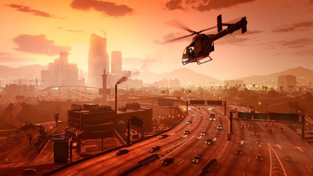 Helikopter lecący nad Los Santos o zachodzie słońca w GTA 5