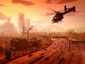Helikopter lecący nad Los Santos o zachodzie słońca w GTA 5