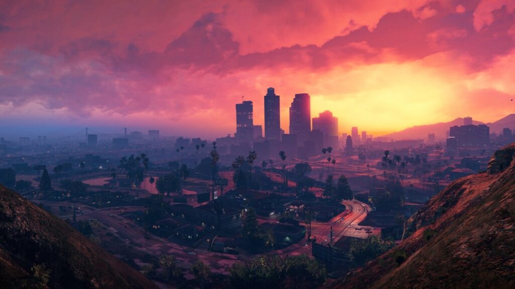 Panorama miasta Los Santos przy zachodzie słońca w GTA 5