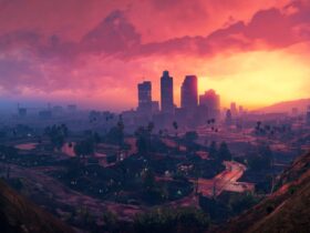 Panorama miasta Los Santos przy zachodzie słońca w GTA 5