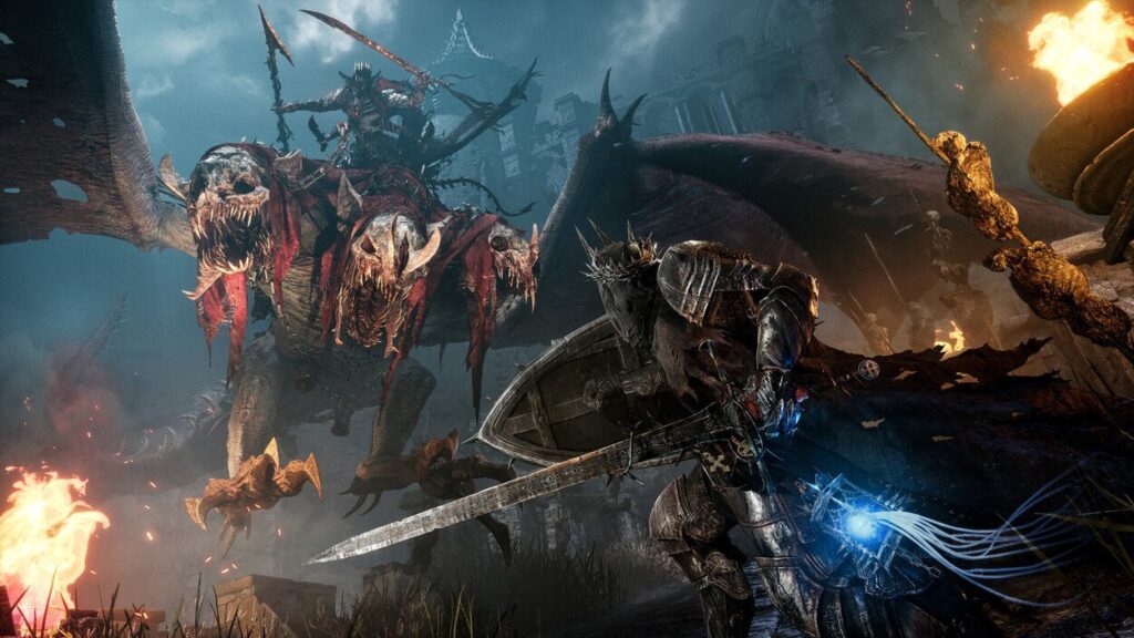 Gracz w zbroi z mieczem i tarczą walczący z jeźdźcem wiwerny w Lords of the Fallen