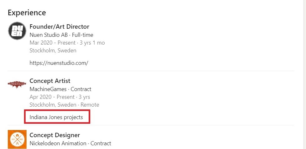 Screen z profilu na LinkedIn z zaznaczonym fragmentem "Indiana Jones projects"