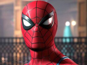 Zbliżenie na twarz Spider-Mana w grze