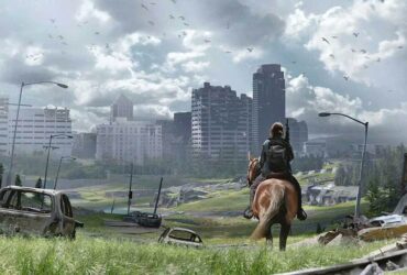 Ellie na koniu przed zarośniętym roślinnością miastem w The Last of Us Part 2
