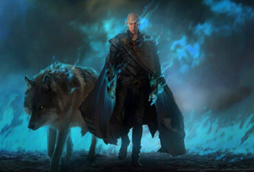 Postać z Dragon Age: Dreadwolf idąca obok wilka na tle niebieskich płomieni