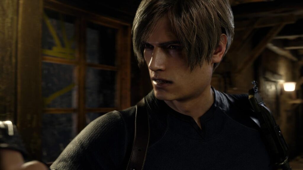 Zbliżenie na twarz Leona z Resident Evil 4 Remake