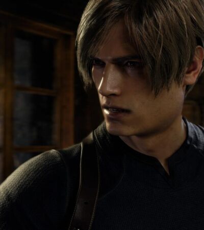 Zbliżenie na twarz Leona z Resident Evil 4 Remake