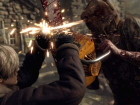 Leon walczący z potworem, który atakuje go piłą mechaniczną w Resident Evil 4 Remake
