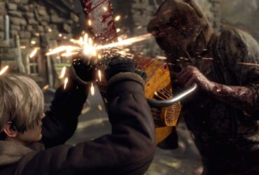 Leon walczący z potworem, który atakuje go piłą mechaniczną w Resident Evil 4 Remake