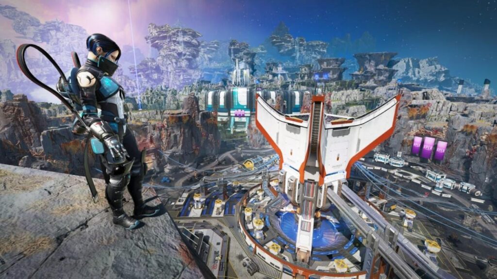 Postać z Apex Legends stojąca na wzgórzu nad futurystycznym miastem