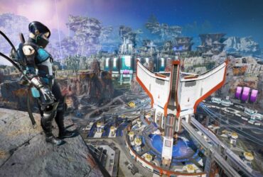 Postać z Apex Legends stojąca na wzgórzu nad futurystycznym miastem