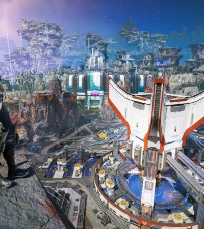 Postać z Apex Legends stojąca na wzgórzu nad futurystycznym miastem