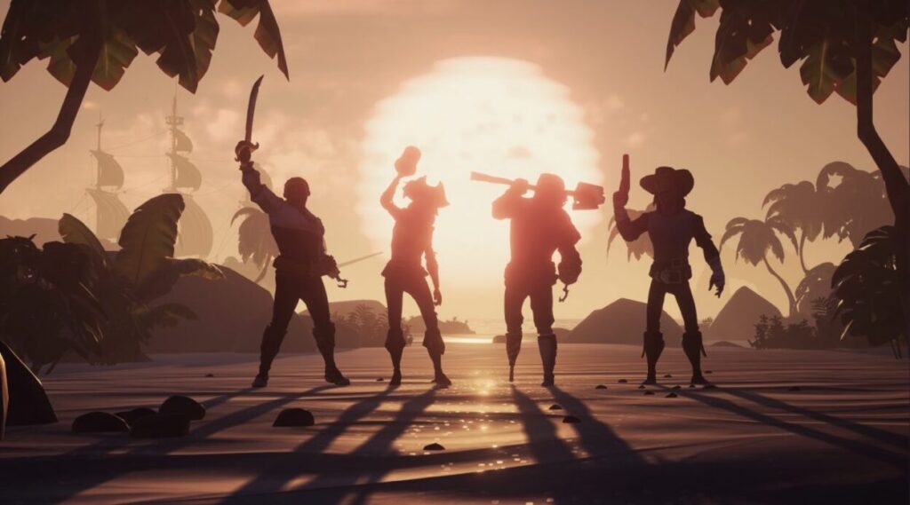 Czterech piratów na tle zachodzącego słońca w Sea of Thieves