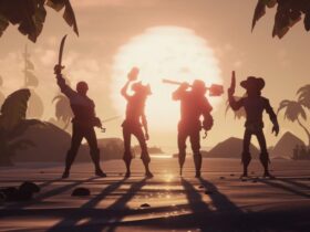 Czterech piratów na tle zachodzącego słońca w Sea of Thieves
