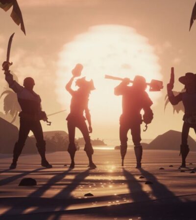Czterech piratów na tle zachodzącego słońca w Sea of Thieves