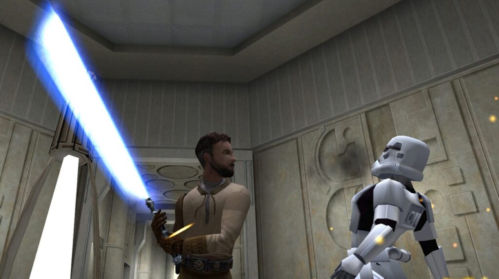Rycerz Jedi atakujący klona mieczem świetlnym w Star Wars Jedi Knight