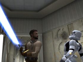 Rycerz Jedi atakujący klona mieczem świetlnym w Star Wars Jedi Knight