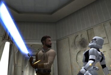Rycerz Jedi atakujący klona mieczem świetlnym w Star Wars Jedi Knight