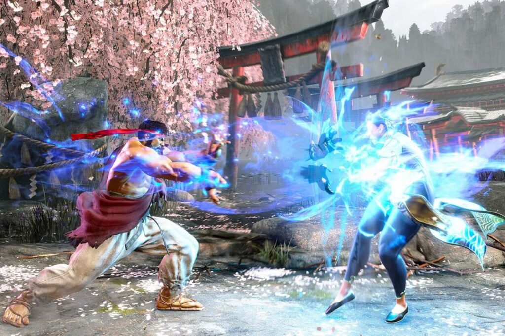 Ryu atakujący przeciwnika elektryczną kulą w Street Fighter 6