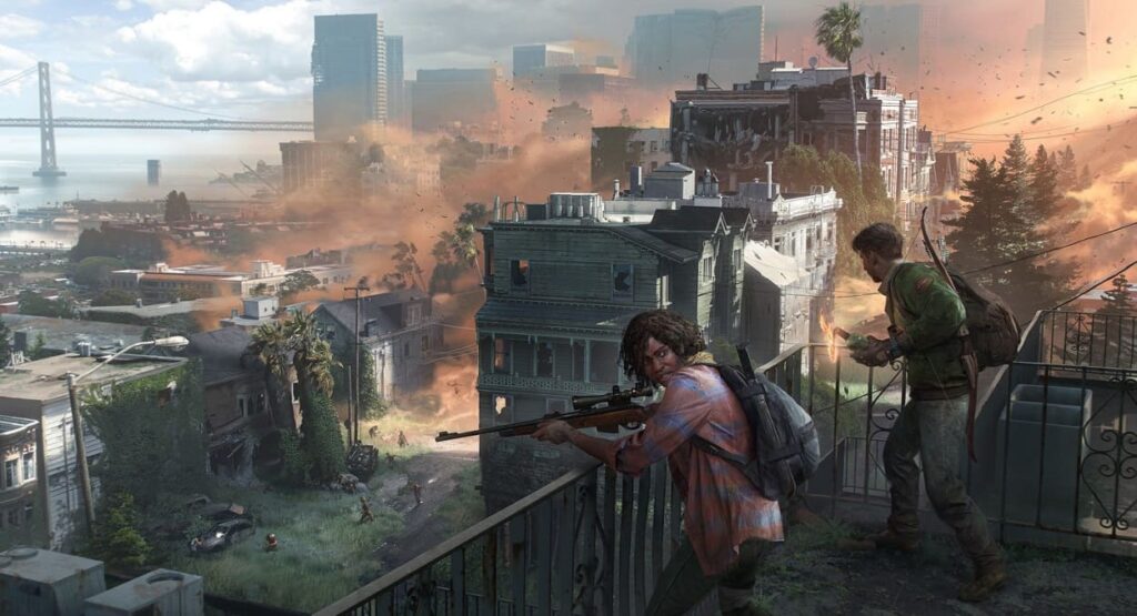 Dwójka bohaterów z bronią na balkonie na grafice do The Last of Us Multiplayer Factions