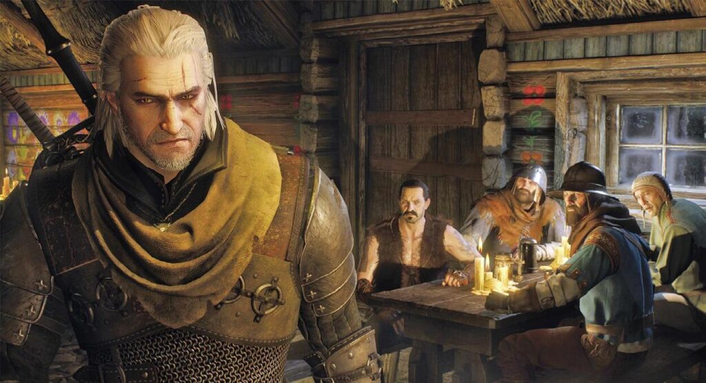 Geralt idący przed grupą żołnierzy w karczmie, którzy na niego wskazują