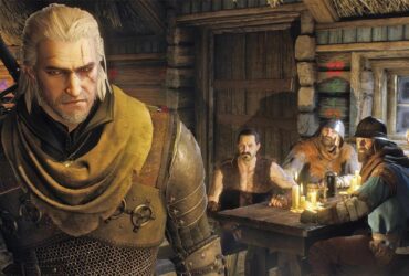 Geralt idący przed grupą żołnierzy w karczmie, którzy na niego wskazują