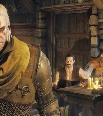 Geralt idący przed grupą żołnierzy w karczmie, którzy na niego wskazują