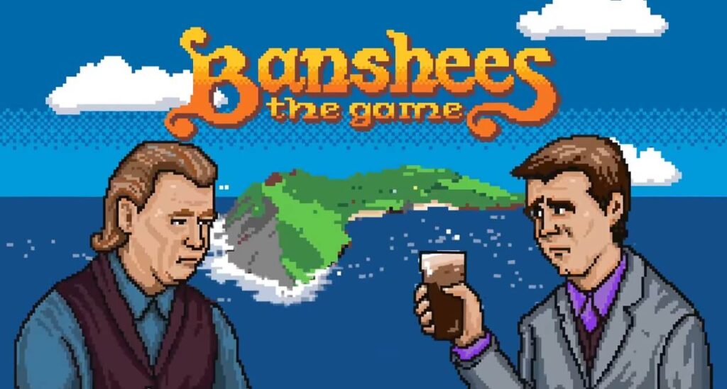 Colm i Padraic z Duchów Insherin w 8-bitowej grafice z wyspą w tle na ekranie tytułowym Banshees The Game