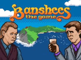 Colm i Padraic z Duchów Insherin w 8-bitowej grafice z wyspą w tle na ekranie tytułowym Banshees The Game