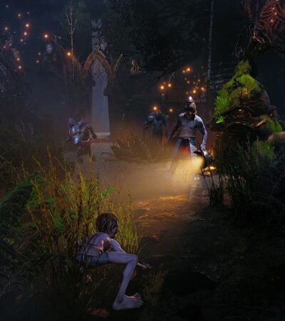 Gollum ukrywający się w trawie przed wrogami w grze The Lord of the Rings: Gollum