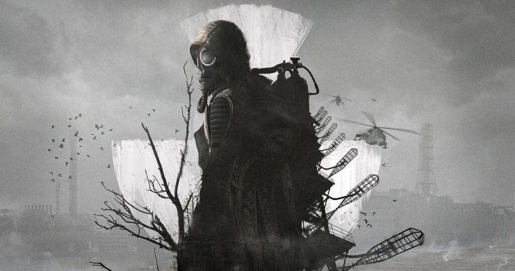 Bohater w masce przeciwgazowej na grafice promocyjnej gry STALKER 2: Heart of Chornobyl