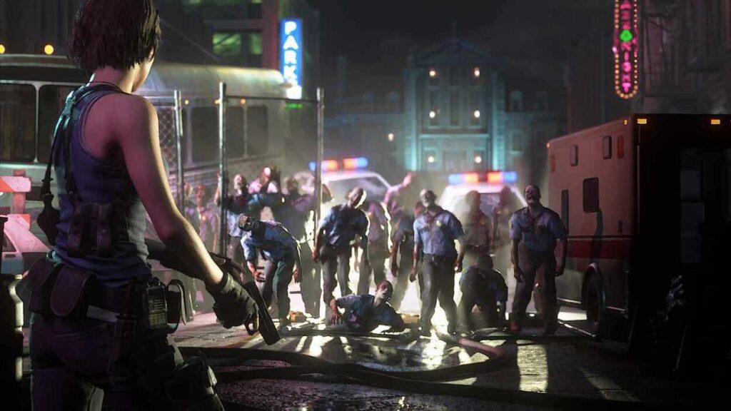 Główna bohaterka Resident Evil 3 Remake z pistoletem patrząca na hordę zombie na ulicy miasta