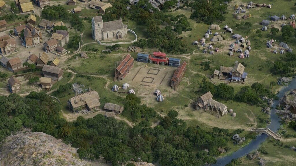 Mapa miasta w Crusader Kings 3 z areną turniejową na środku