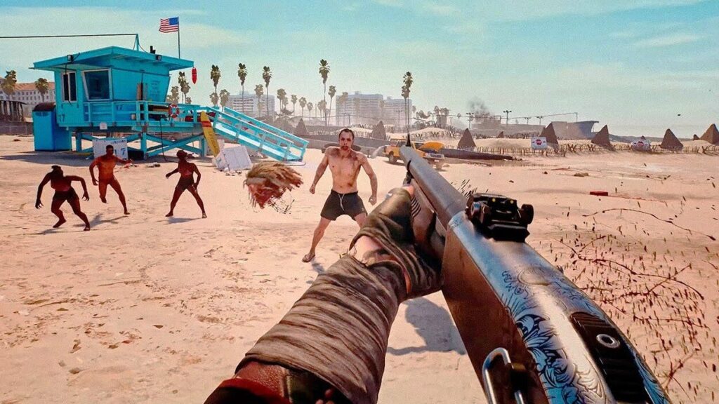 Główny bohater Dead Island 2 strzelający ze strzelby do goniących go zombie na plaży