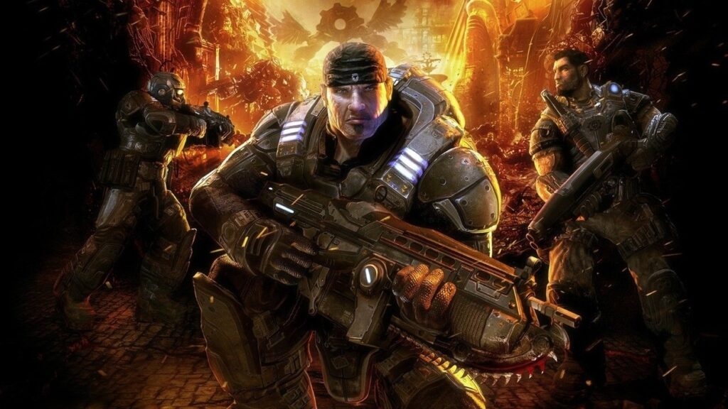 Główny bohater Gears of War na tle kolegów z drużyny, którzy walczą z przeciwnikami