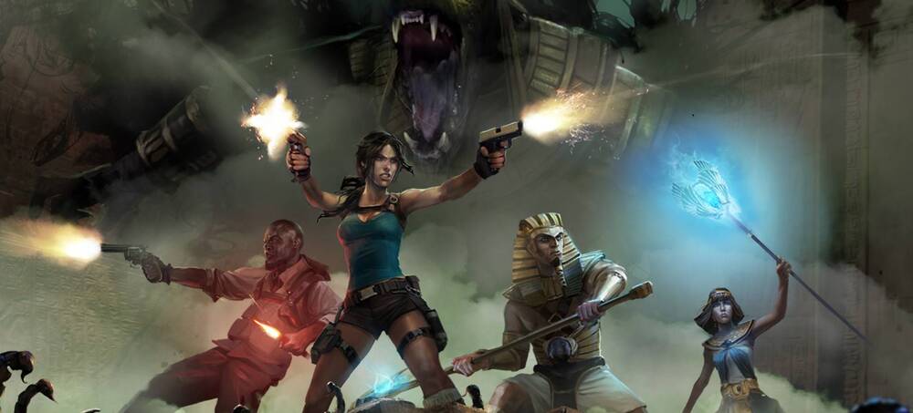 Lara Croft z innymi postaciami z Temple of Oziris