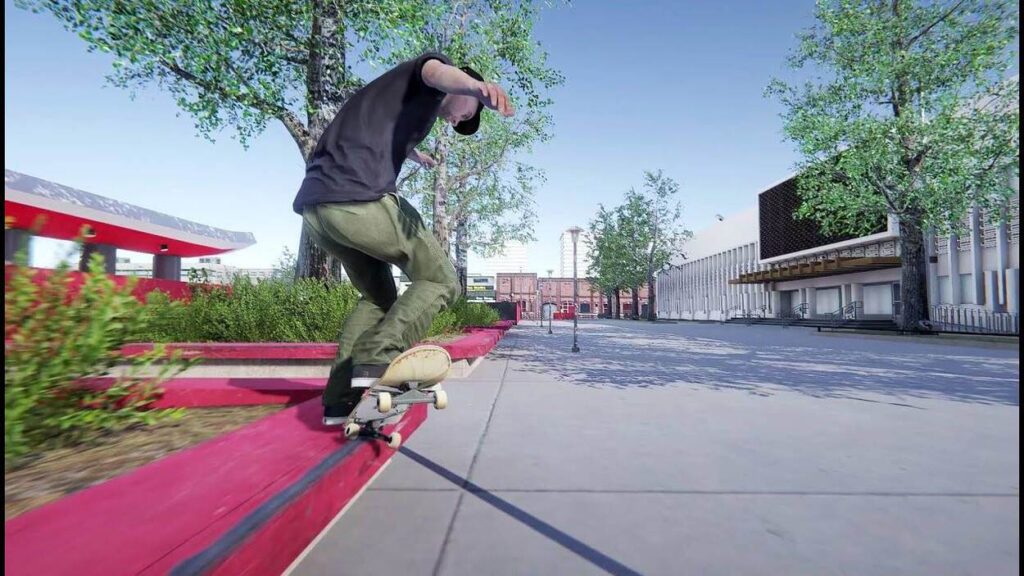 Skater grindujący po krawężniku w mieście w grze Skate od Electronic Arts