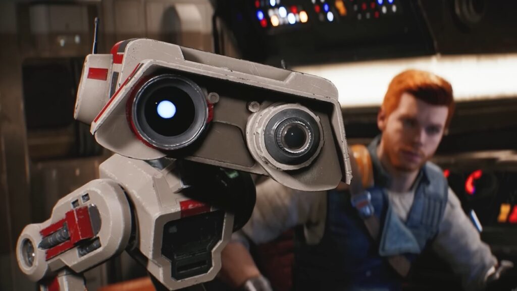 Robot patrzący w obiektyw obok głównego bohatera Star Wars Jedi: Survivor