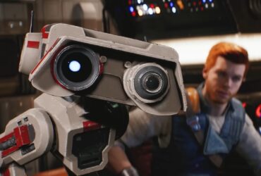 Robot patrzący w obiektyw obok głównego bohatera Star Wars Jedi: Survivor