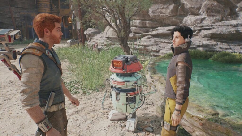 Główny bohater Star Wars Jedi: Survivor rozmawiający z człowiekiem i droidem