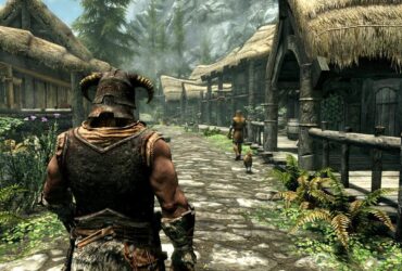 Główny bohater The Elder Scrolls 5: Skyrim przemierzający wioskę