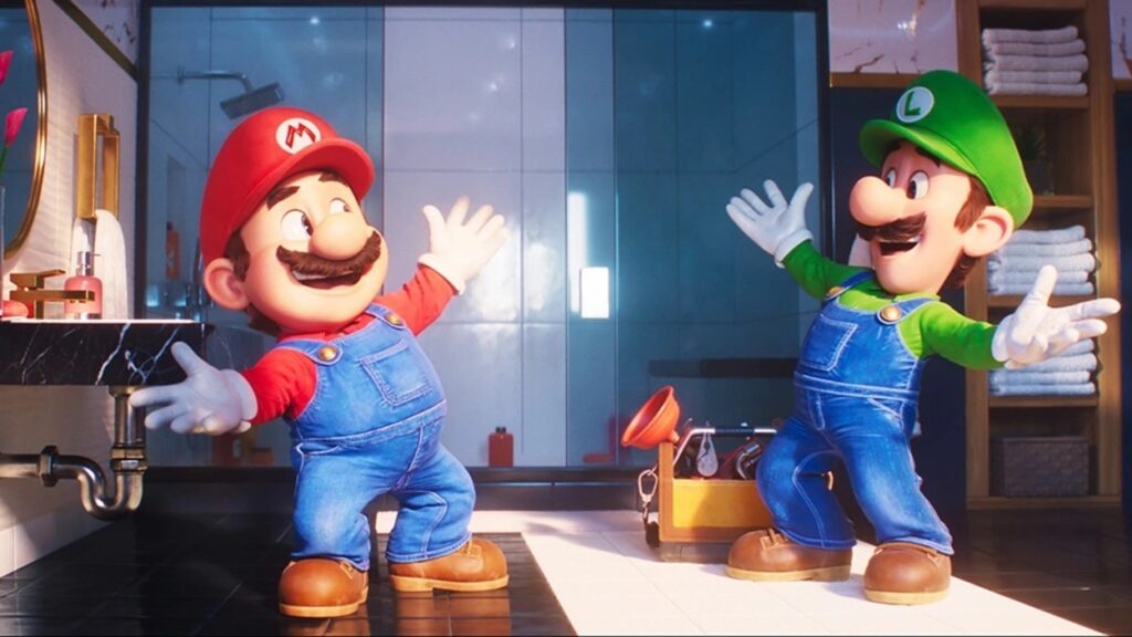 Mario i Luigi cieszący się w łazience w filmie The Super Mario Bros. Movie