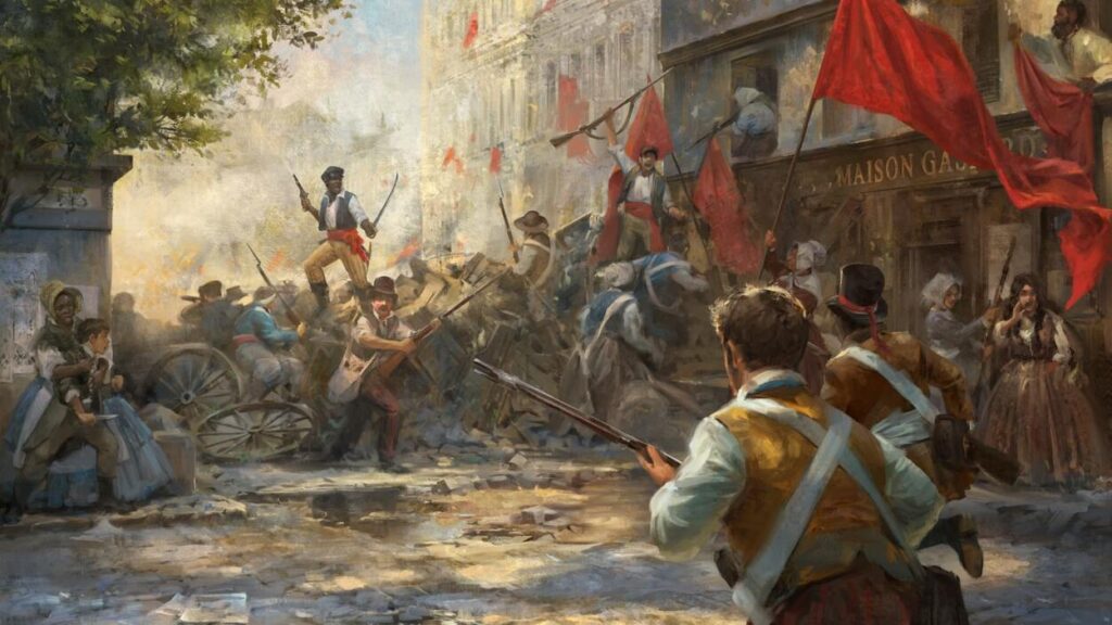 Art z gry Victoria 3 przedstawiający walkę rewolucjonistów.