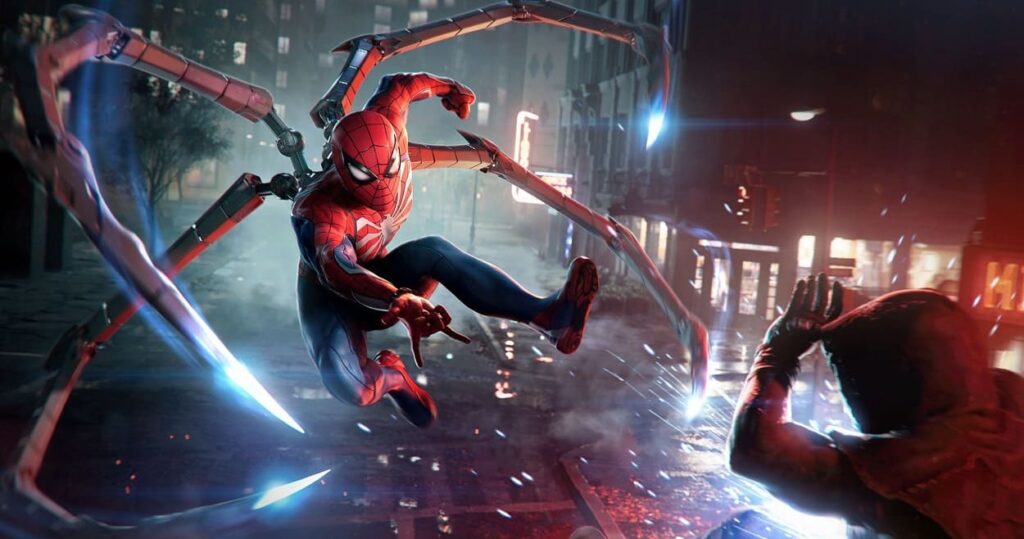 Spider-man walczący z przeciwnikiem na ulicy