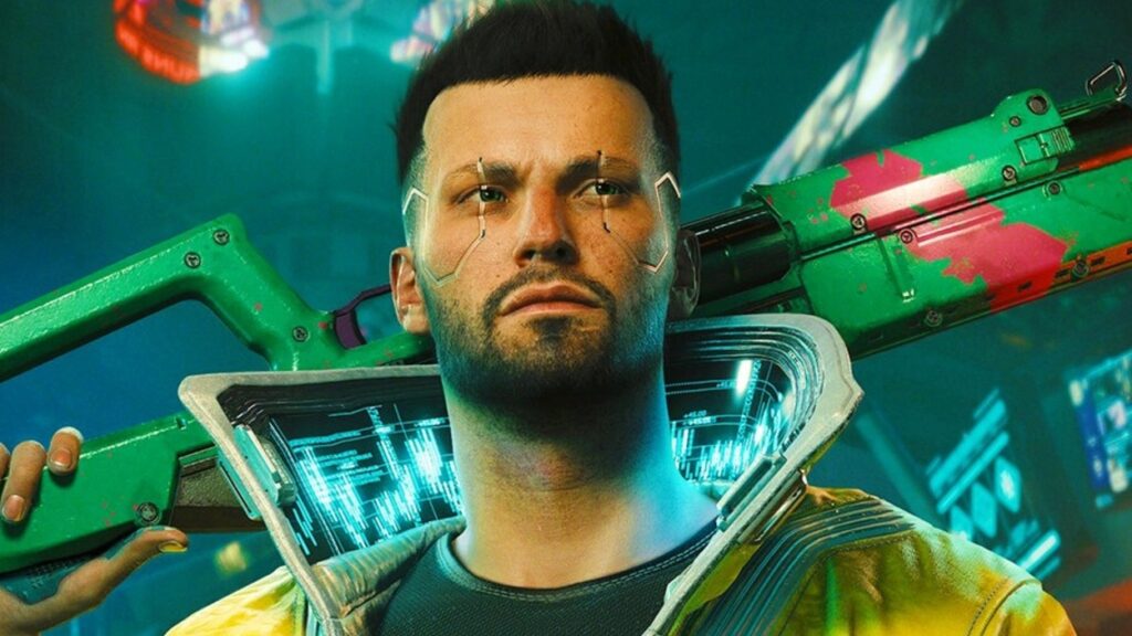 Vi w żółtej kurtce z zielonym karabinem w Cyberpunku 2077
