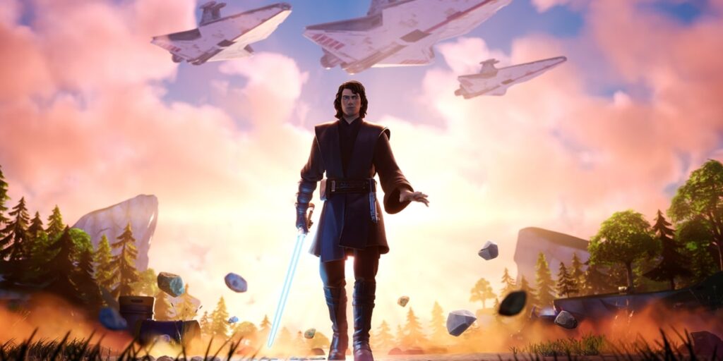 Anakin Skywalker z mieczem świetlnym w Fortnite na tle lecących statków kosmicznych