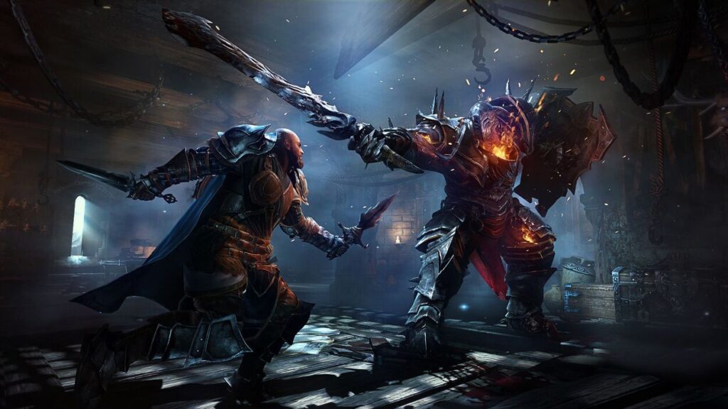 Główny bohater Lords of The Fallen walczący sztyletami z dużym mrocznym rycerzem