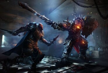 Główny bohater Lords of The Fallen walczący sztyletami z dużym mrocznym rycerzem